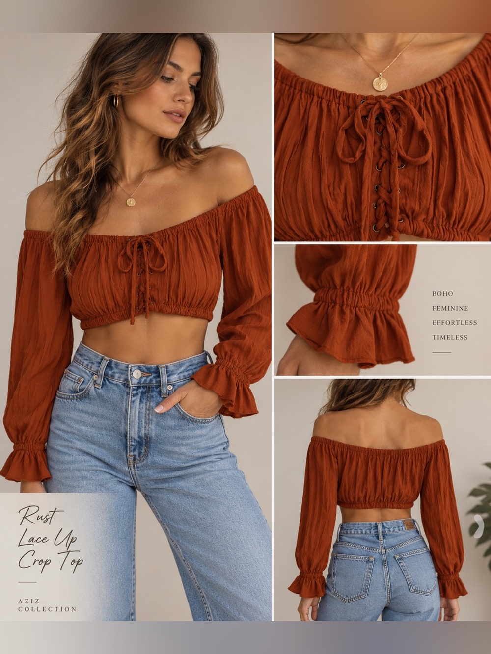❤️🔥 Aziz Rust Lace-Up Off-Shoulder Crop Top 💃